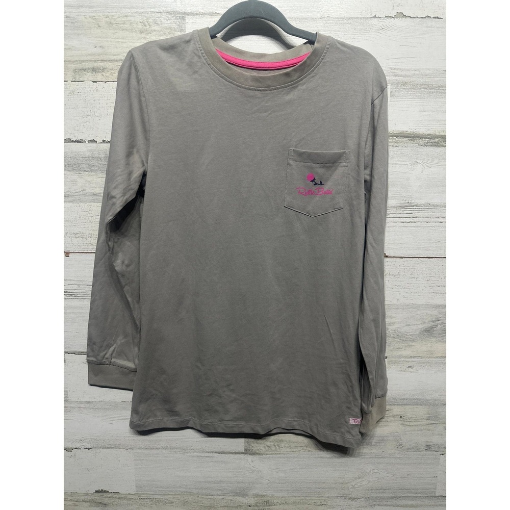 RuffleButts Long Sleeve Tee Women Medium Gray Pink Bow Graphic Pocket